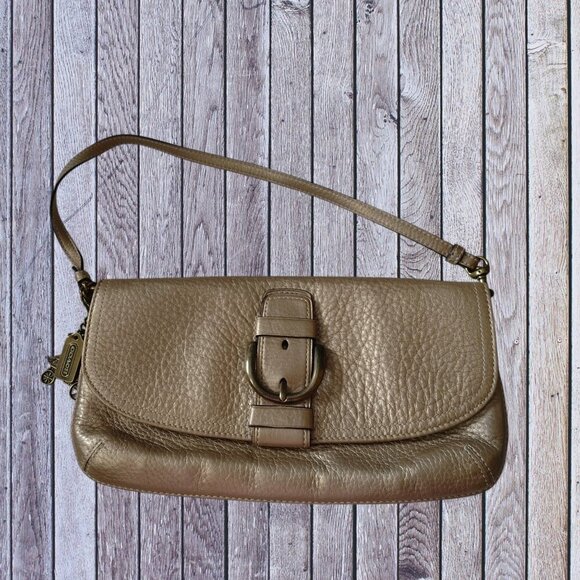 Coach Metallic Bronze Pebbled Leather Wristlet Clutch Buckle Front Purse Vintage - Picture 1 of 7